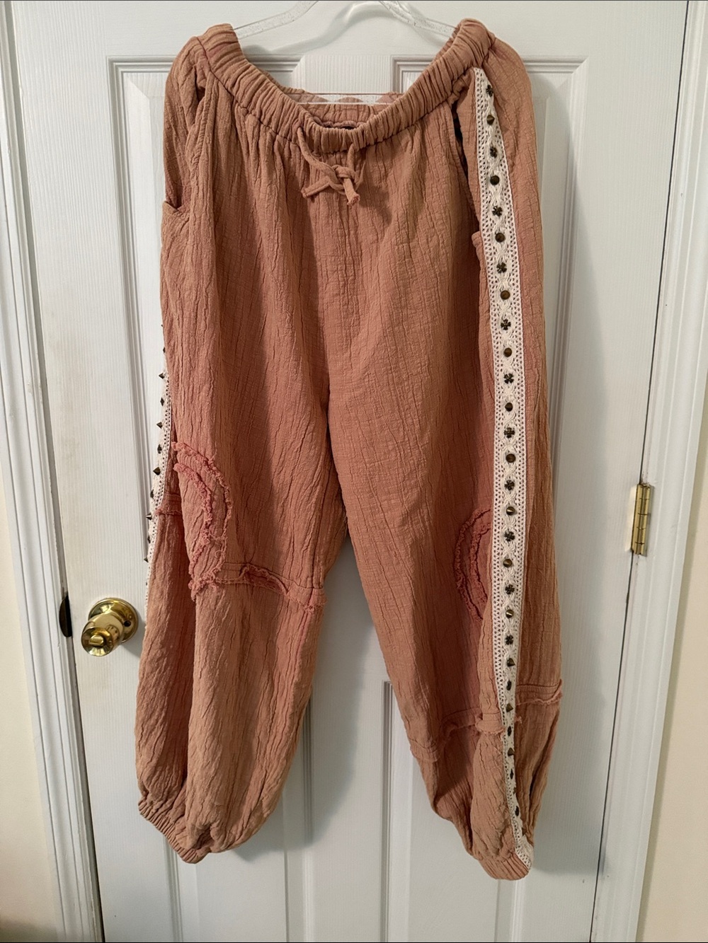 POL Boho Textured Drawstring Pants in Dusty Rose with Crochet Trim.